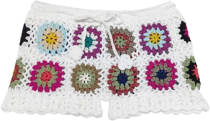 Womens Y2k Hollow Out Knit Shorts Crochet Bikini Swimsuit Cover Up Sexy Sheer Beach Shorts Floral Print Boho Bottom