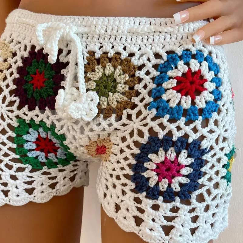 Womens Y2k Hollow Out Knit Shorts Crochet Bikini Swimsuit Cover Up Sexy Sheer Beach Shorts Floral Print Boho Bottom