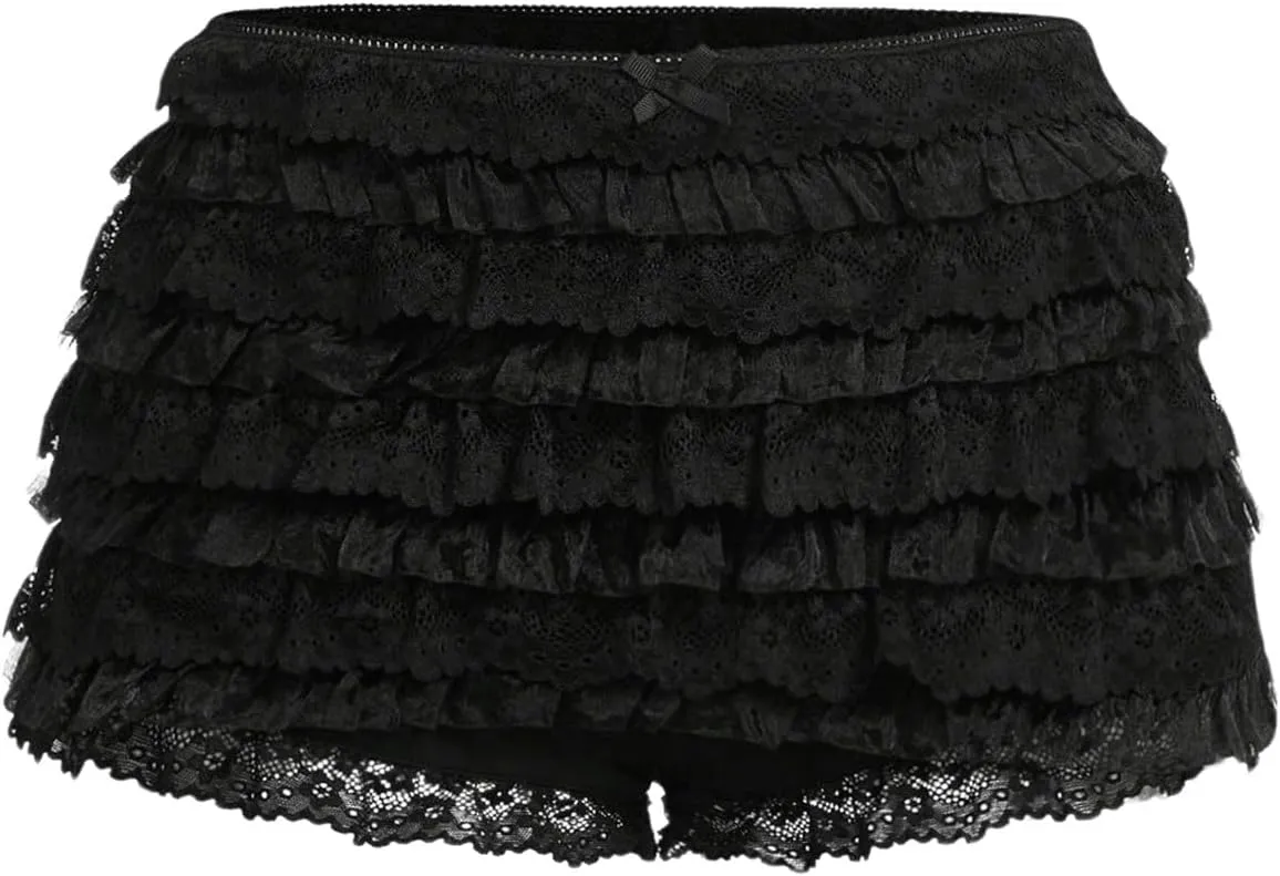 Women's Y2K Ruffle Lace Shorts Lolita Bloomers Layered Low Waisted Shorts Bow Front Pumpkin Short Pants