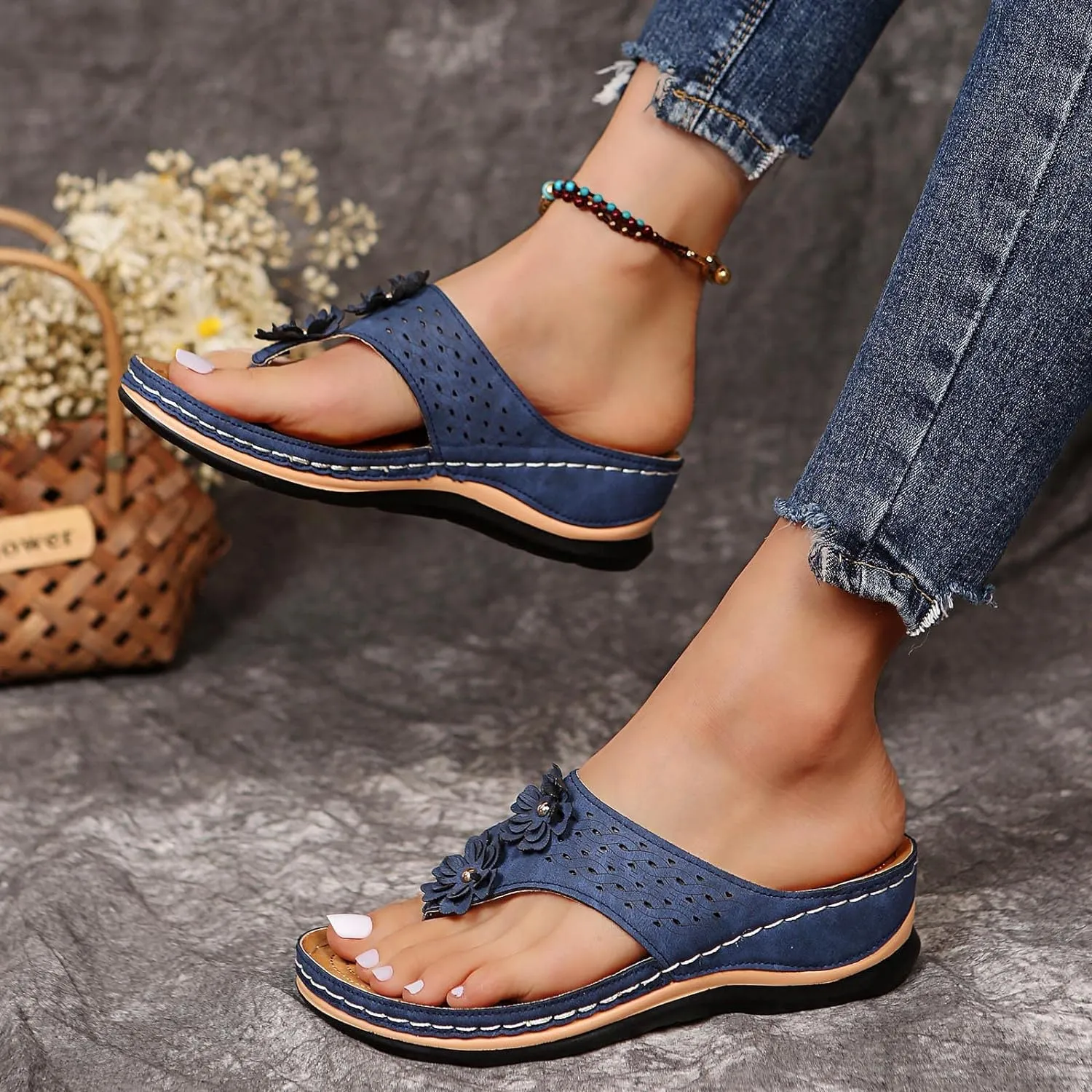 Womenyiaor Orthopedic Sandals with Arch Support Flip Flops for Women Wedge Comfortable Walking Cushion Footbed Platform Dressy Summer Slip on Thong Casual (a-Blue, 6.5)