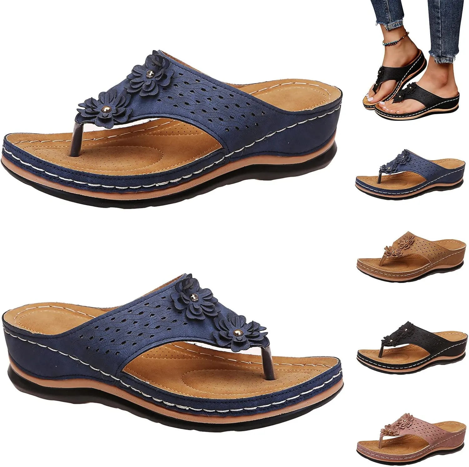 Womenyiaor Orthopedic Sandals with Arch Support Flip Flops for Women Wedge Comfortable Walking Cushion Footbed Platform Dressy Summer Slip on Thong Casual (a-Blue, 6.5)
