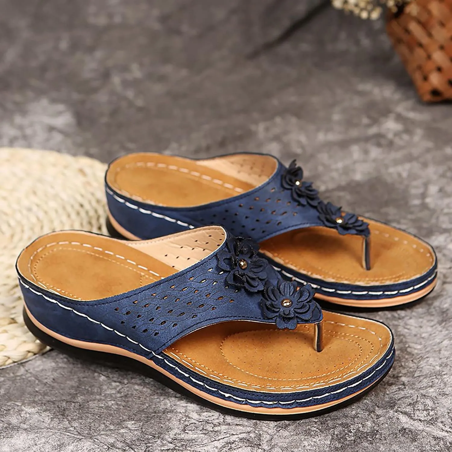 Womenyiaor Orthopedic Sandals with Arch Support Flip Flops for Women Wedge Comfortable Walking Cushion Footbed Platform Dressy Summer Slip on Thong Casual (a-Blue, 6.5)