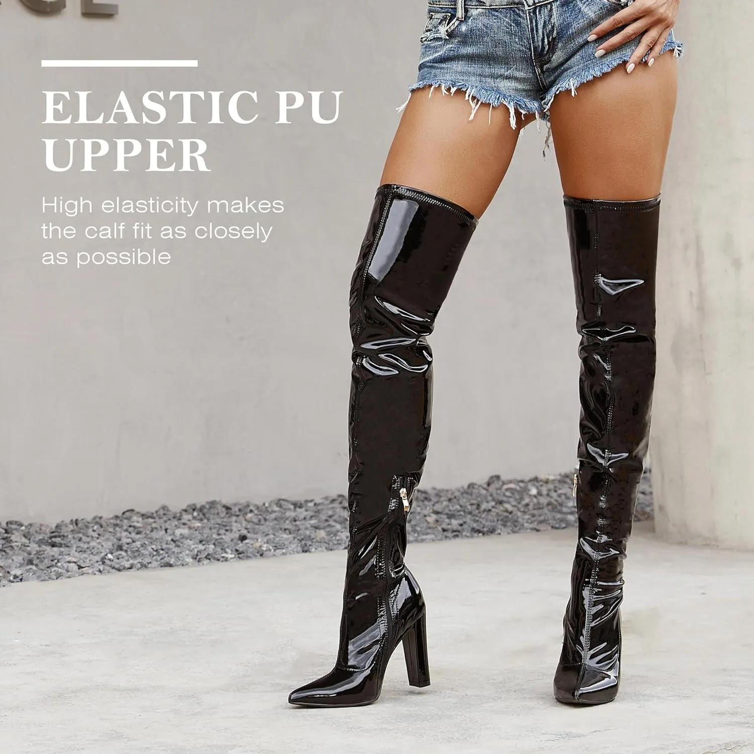 WSKEISP Women's Thigh High Boots Patent Leather PU Heeled Over The Knee High Boots Sexy Pointed Toe Chunky Heel GOGO Boots