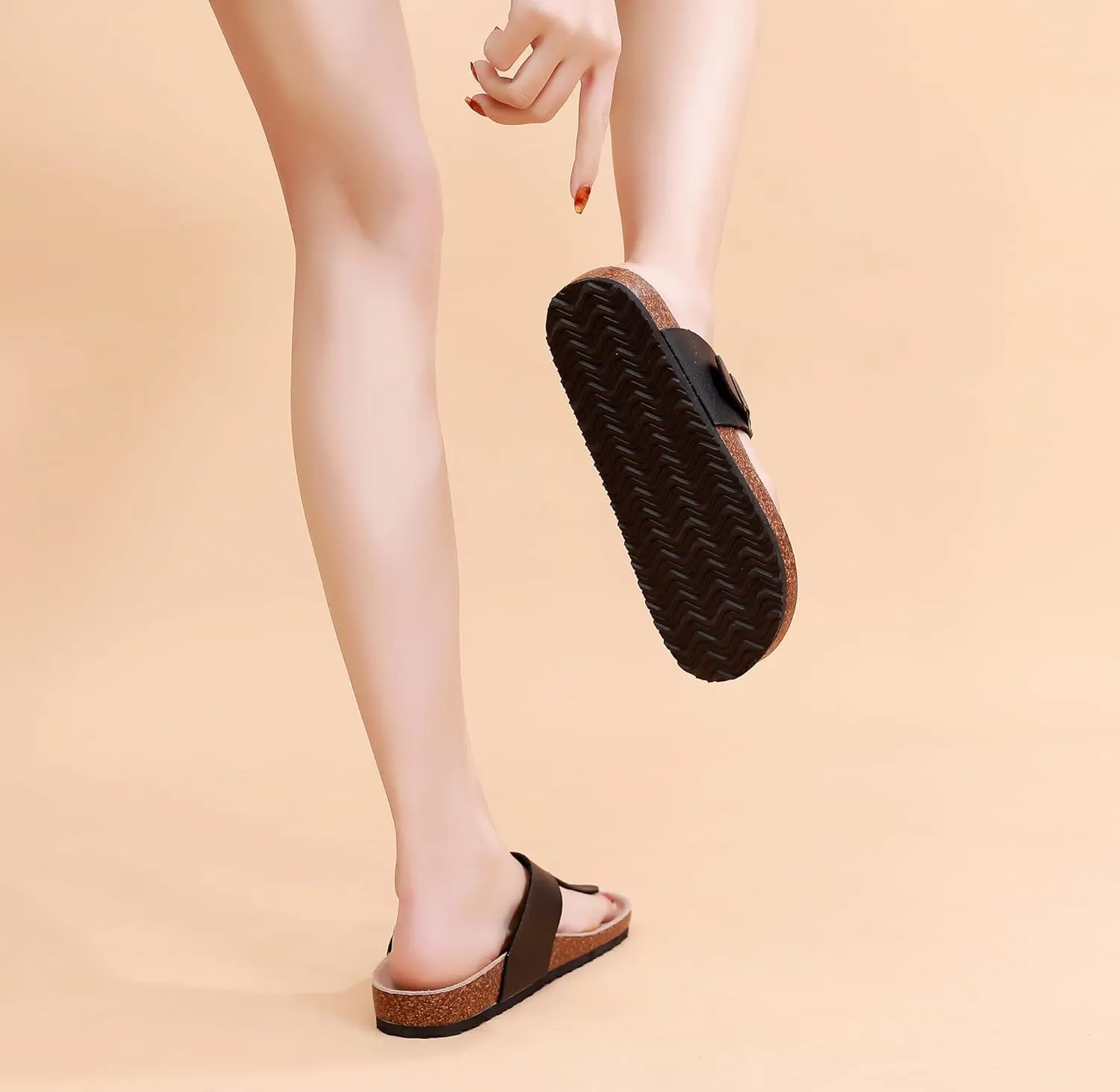 WTW Cork Footbed Womens Sandals Genuine Leather Insole Slides Sandals for Women Adjustable Buckle Summer Sandals Outdoor Walking