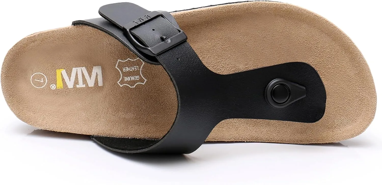 WTW Cork Footbed Womens Sandals Genuine Leather Insole Slides Sandals for Women Adjustable Buckle Summer Sandals Outdoor Walking