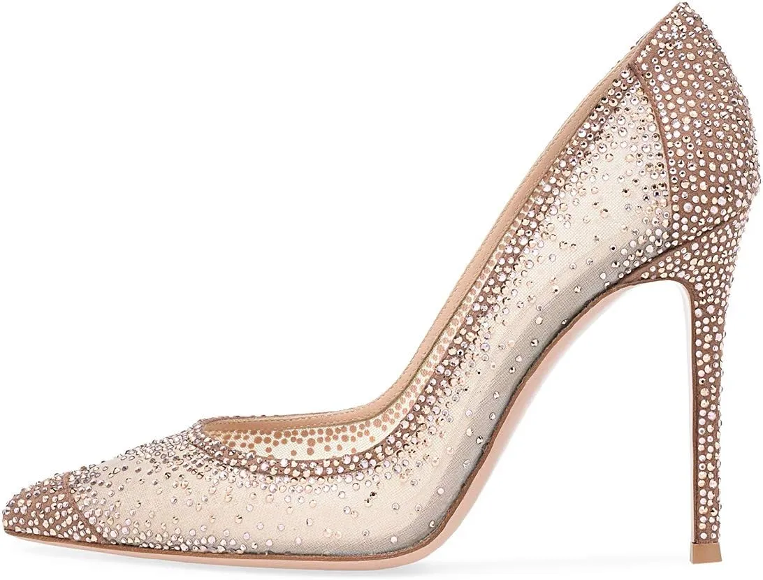 XYD Rhinestones Studded Stiletto High Heels Mesh Pumps for Women Slip On Pointed Toe Evening Wedding Dress Shoes