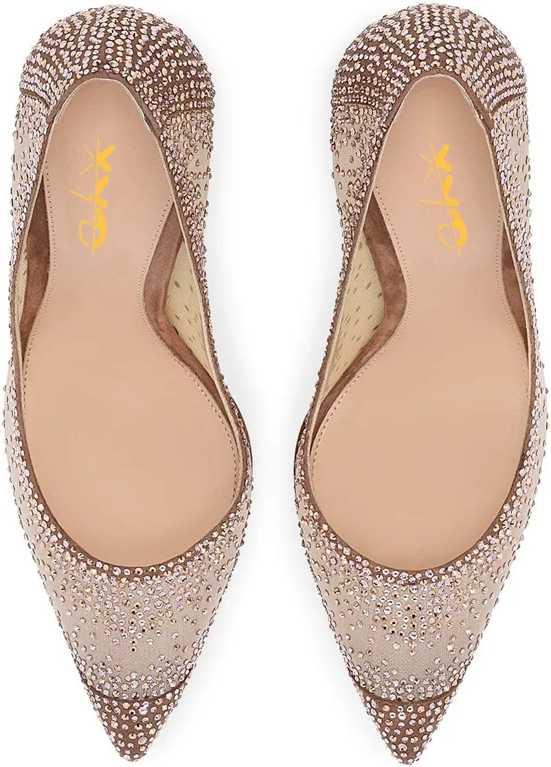 XYD Rhinestones Studded Stiletto High Heels Mesh Pumps for Women Slip On Pointed Toe Evening Wedding Dress Shoes