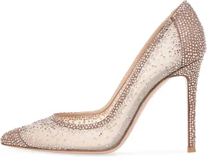 XYD Rhinestones Studded Stiletto High Heels Mesh Pumps for Women Slip On Pointed Toe Evening Wedding Dress Shoes