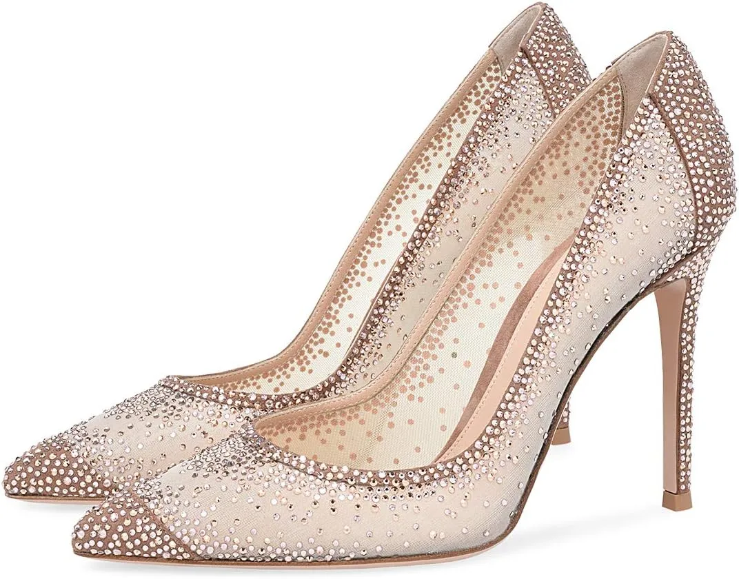 XYD Rhinestones Studded Stiletto High Heels Mesh Pumps for Women Slip On Pointed Toe Evening Wedding Dress Shoes