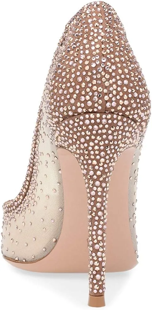 XYD Rhinestones Studded Stiletto High Heels Mesh Pumps for Women Slip On Pointed Toe Evening Wedding Dress Shoes