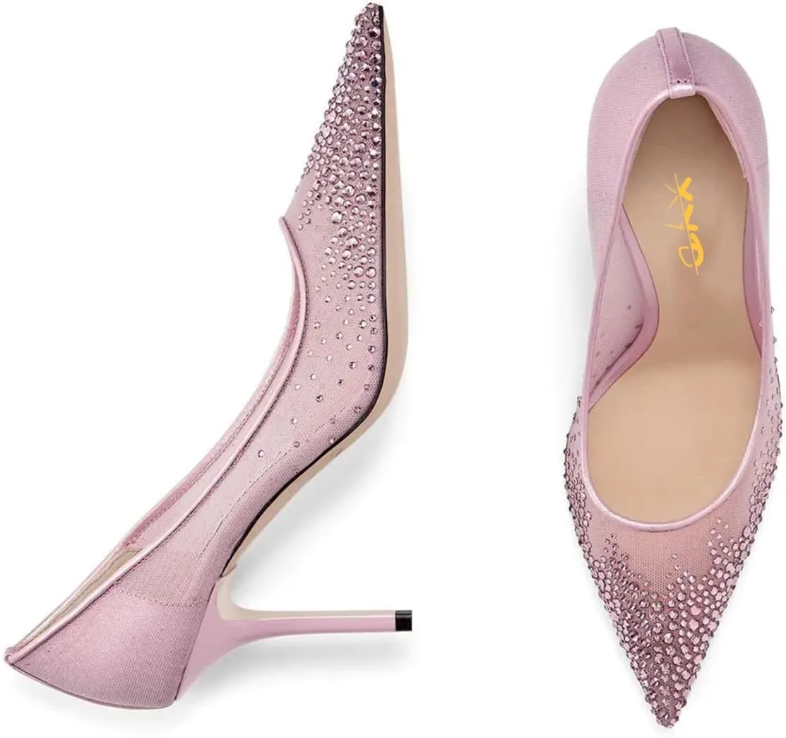 XYD Women Elegant High Heel Pumps Rhinestones Crystals Mesh Slip On Pointed Toe Evening Bridal Shoes