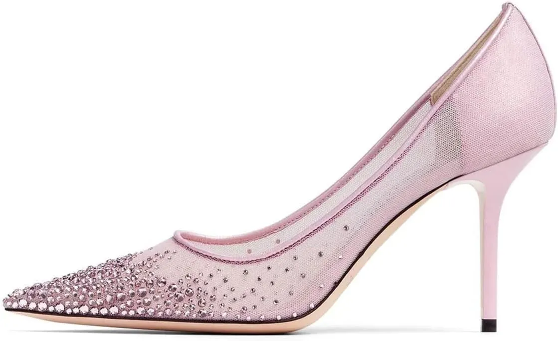 XYD Women Elegant High Heel Pumps Rhinestones Crystals Mesh Slip On Pointed Toe Evening Bridal Shoes
