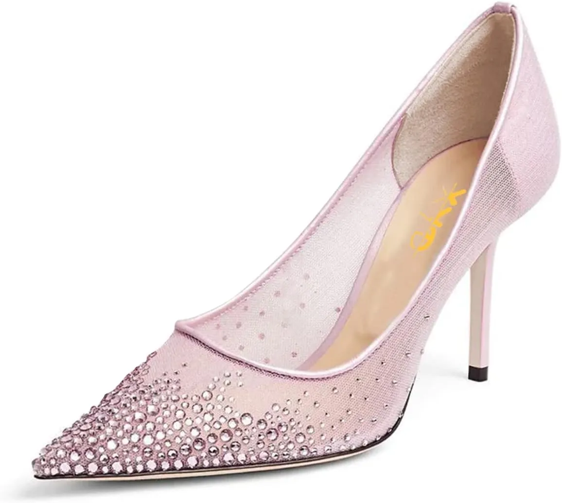 XYD Women Elegant High Heel Pumps Rhinestones Crystals Mesh Slip On Pointed Toe Evening Bridal Shoes