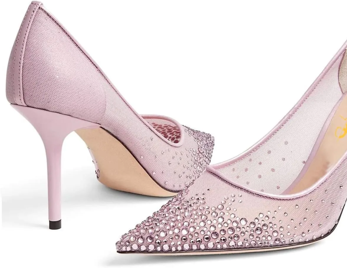 XYD Women Elegant High Heel Pumps Rhinestones Crystals Mesh Slip On Pointed Toe Evening Bridal Shoes