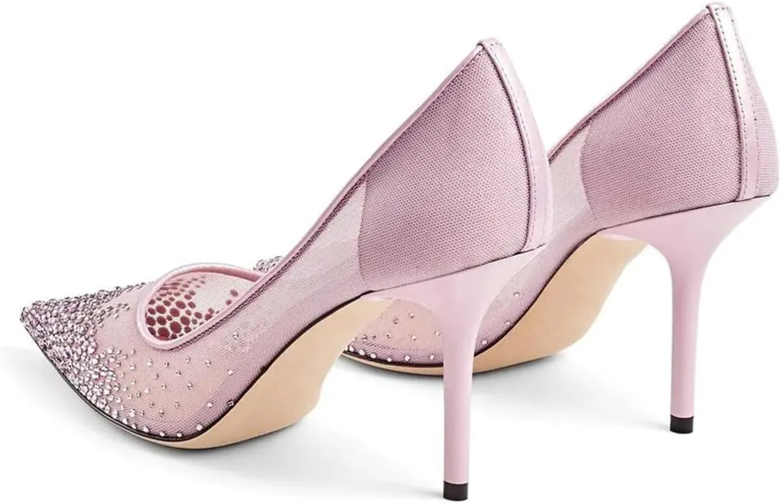 XYD Women Elegant High Heel Pumps Rhinestones Crystals Mesh Slip On Pointed Toe Evening Bridal Shoes