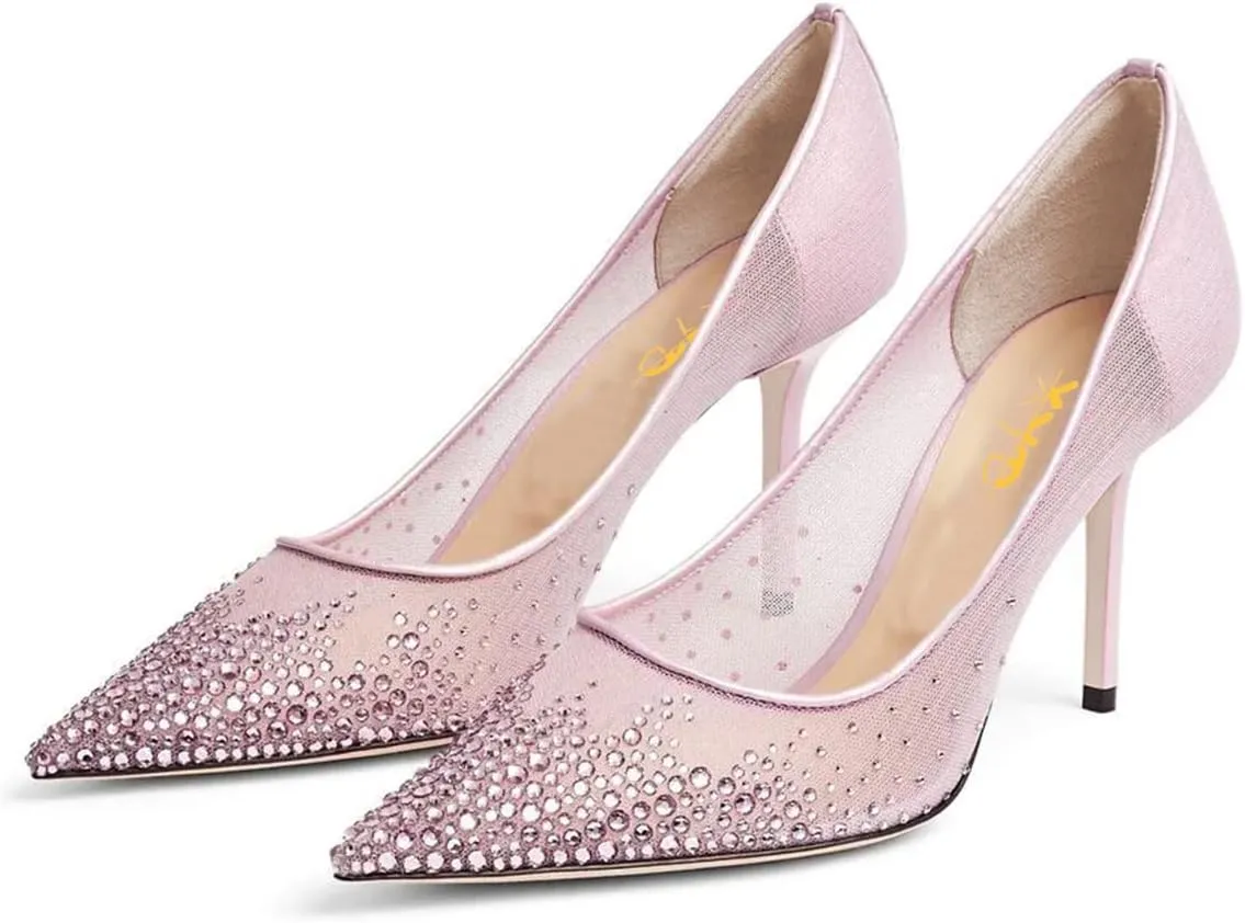 XYD Women Elegant High Heel Pumps Rhinestones Crystals Mesh Slip On Pointed Toe Evening Bridal Shoes