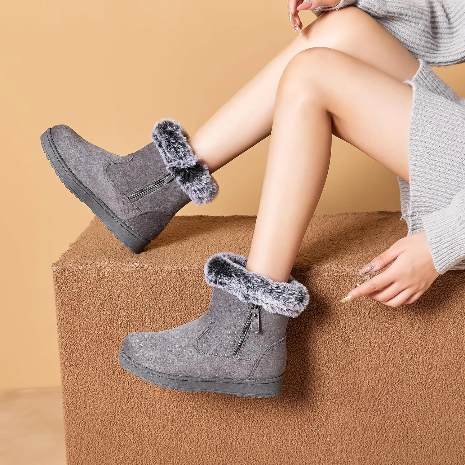 yageyan womens winter boots Mid calf snow booties fur lined womens warm ankle booties for outdoors