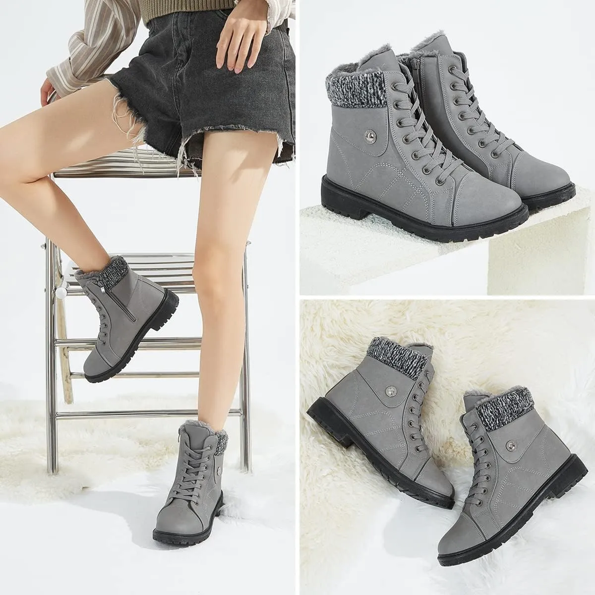 yageyan Womens Winter Snow Boots Warm Fur Lined Winter Water-resistan Ankle Booties Zipper Anti-Slip Combat Boots