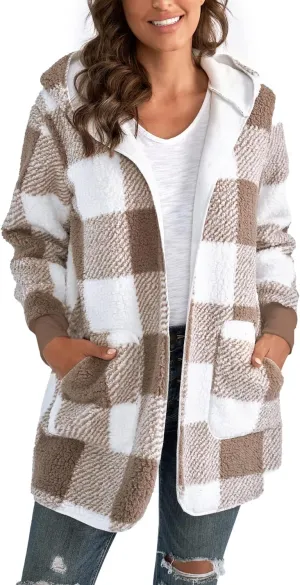 Yanekop Womens Fuzzy Fleece Jacket Open Front Hooded Cardigan Sherpa Outerwear Warm Coats with Pockets
