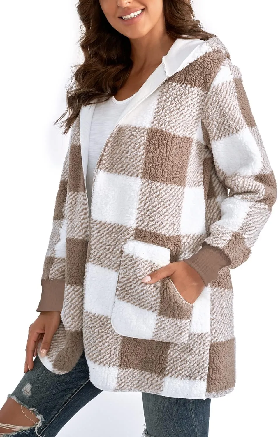 Yanekop Womens Fuzzy Fleece Jacket Open Front Hooded Cardigan Sherpa Outerwear Warm Coats with Pockets