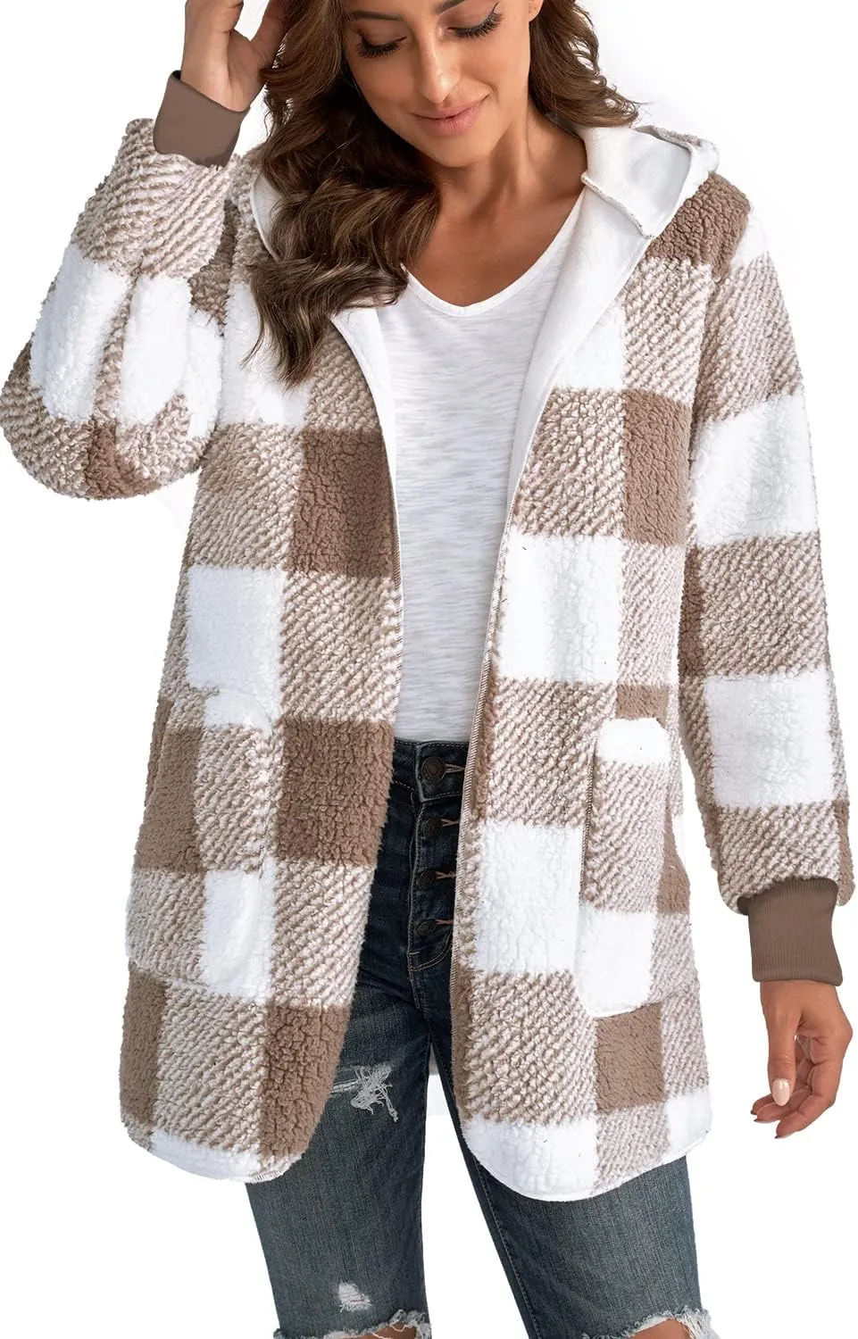 Yanekop Womens Fuzzy Fleece Jacket Open Front Hooded Cardigan Sherpa Outerwear Warm Coats with Pockets