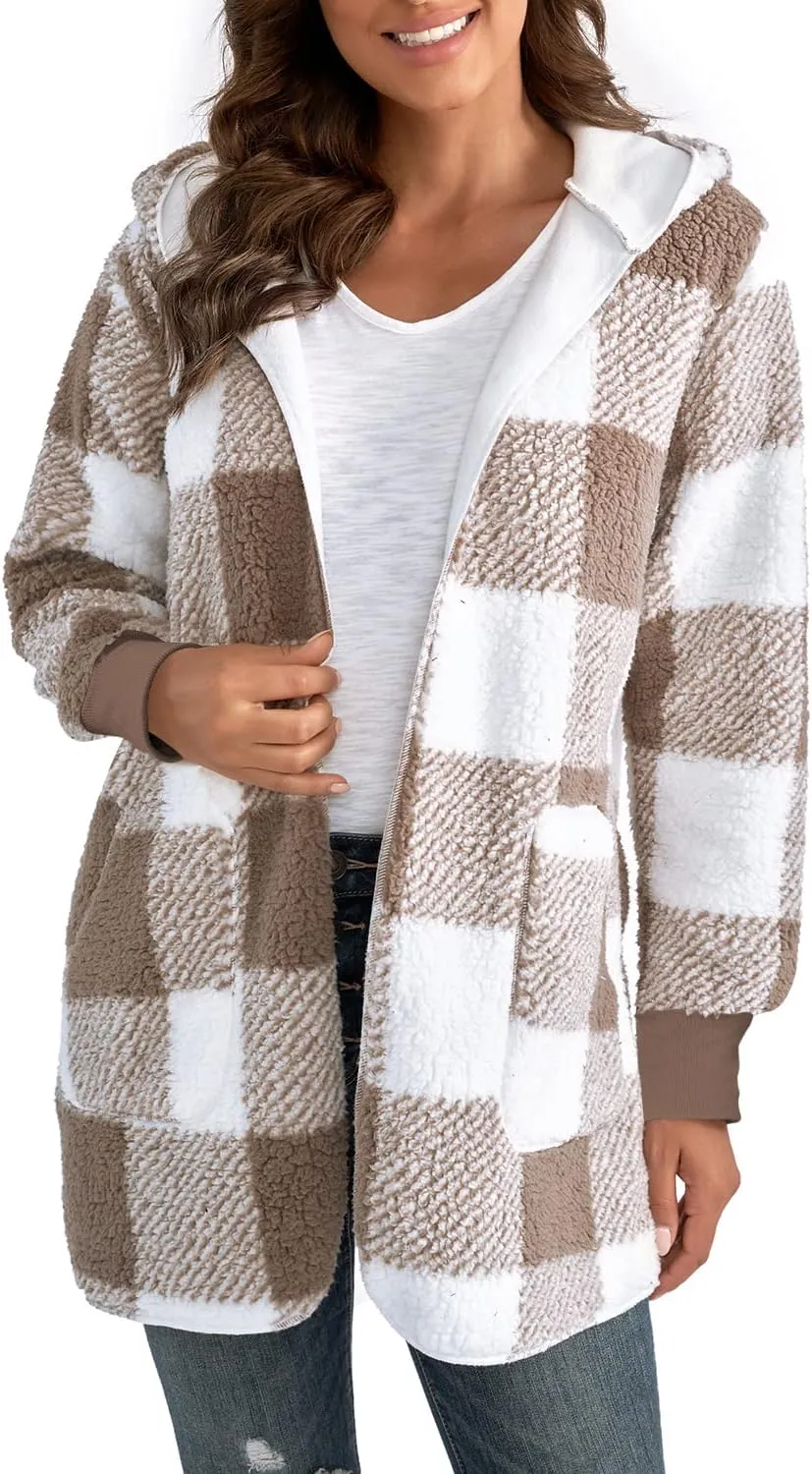 Yanekop Womens Fuzzy Fleece Jacket Open Front Hooded Cardigan Sherpa Outerwear Warm Coats with Pockets