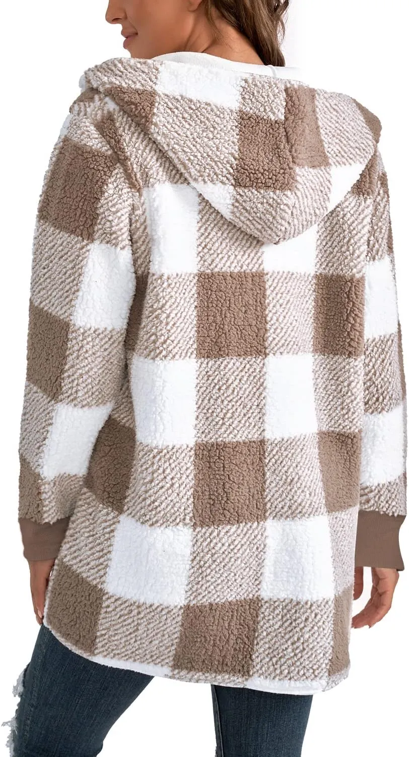 Yanekop Womens Fuzzy Fleece Jacket Open Front Hooded Cardigan Sherpa Outerwear Warm Coats with Pockets