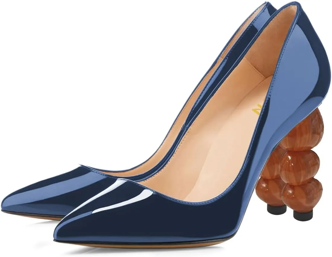 YDN Women's Classic Stacked High Heel Slip On Pumps Closed Pointy Toe Special Heeled Shoes Club Cocktail Event Size 4-16 US
