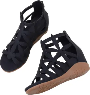 Yenktwei Wedge Sandal for Women Cutout Caged Flower Ankle Strap Sandals Open Toe Back Zipper Summer Bohemia Dress Platform Sandals