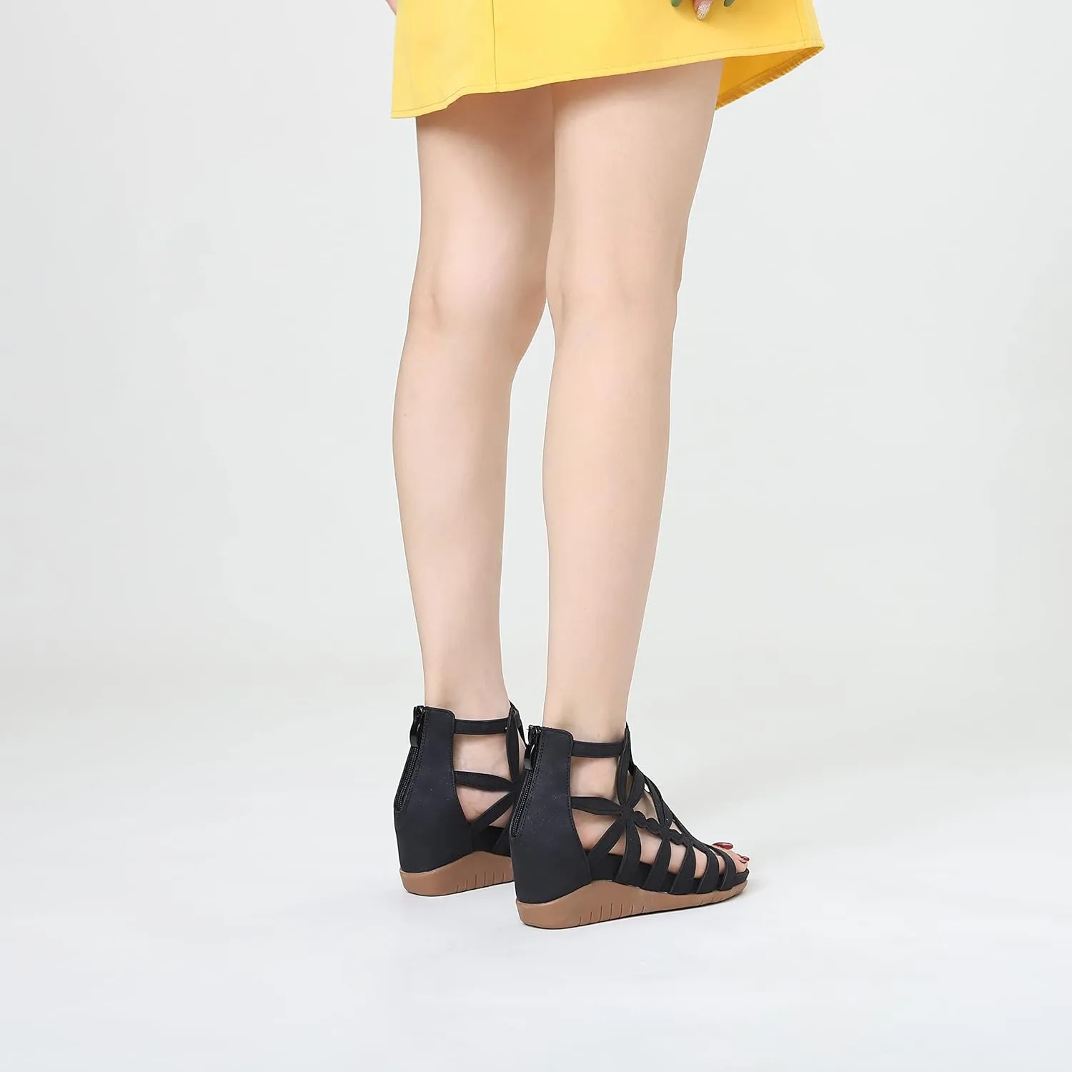 Yenktwei Wedge Sandal for Women Cutout Caged Flower Ankle Strap Sandals Open Toe Back Zipper Summer Bohemia Dress Platform Sandals