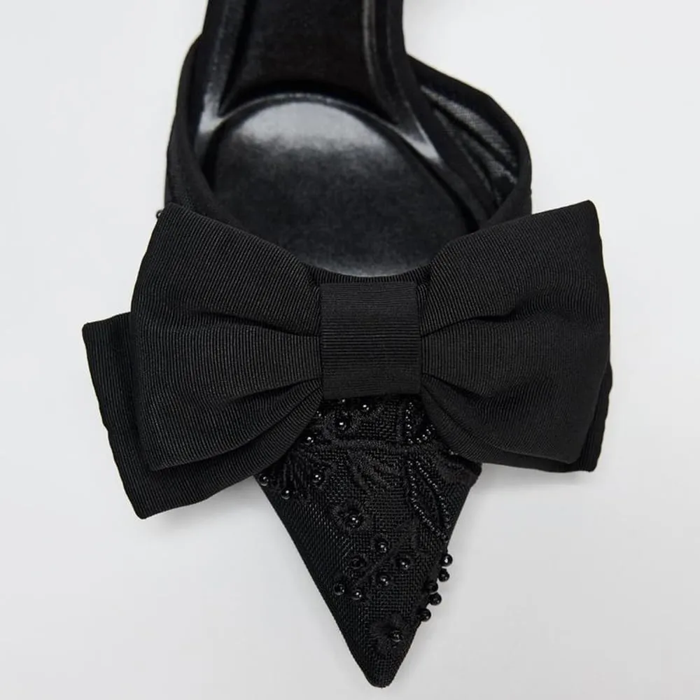 YIYA Women's Black Embroidered Mesh Slingback Kitten Heels with Cute Bow Closed Pointed Toe Stiletto Heels Party Dress Slip On Pumps Shoes
