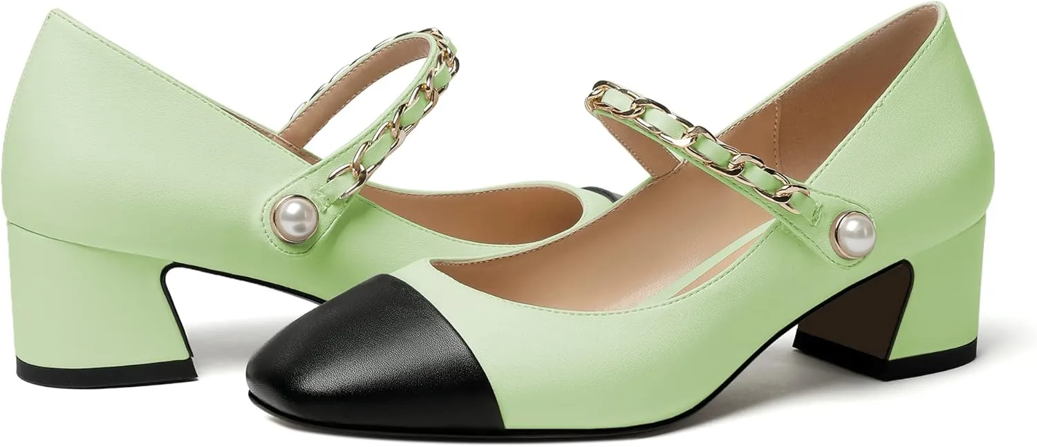 YODEKS Women's Block Heel Pumps Low Chunky Heel Mary Jane Square Toe Shoes 2 Inch Closed Toe Dress Pumps with Ankle Strap for Work Casual Daily Life Party Dress
