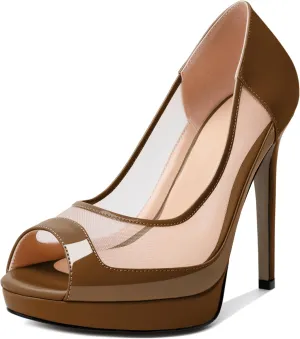 YODEKS Womens Peep Toe High Heel Platform Stiletto Pumps Slip On Mesh Heels 5 Inch Party Evening Dress Shoes