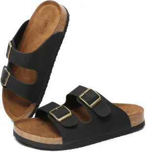 Yozuru Womens Flat Sandals Cork Footbed Slides with Arch Support Adjustable Buckle Slip on Slides Summer Open Toe Beach Sandals