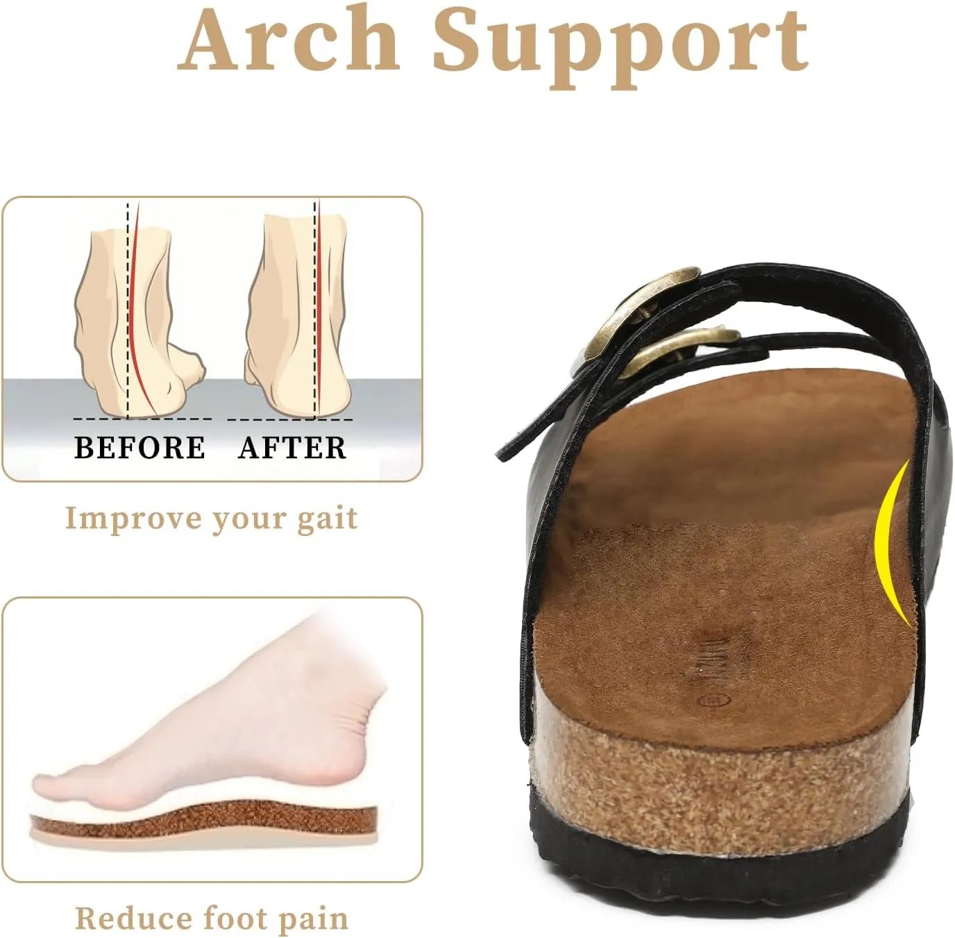 Yozuru Womens Flat Sandals Cork Footbed Slides with Arch Support Adjustable Buckle Slip on Slides Summer Open Toe Beach Sandals
