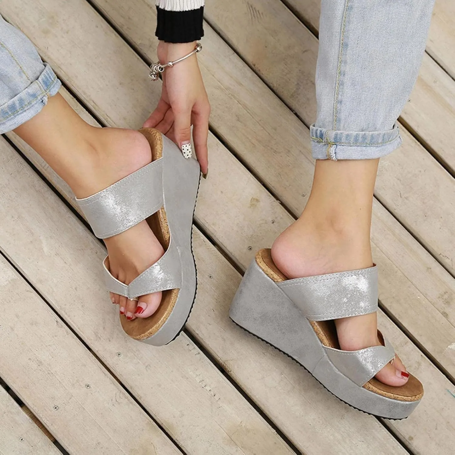ZBYY Wedges Sandals for Women Flat,Summer Sandals Platform Casual Roman Shoes Middle Heels Rings Toe Comfort Slipper