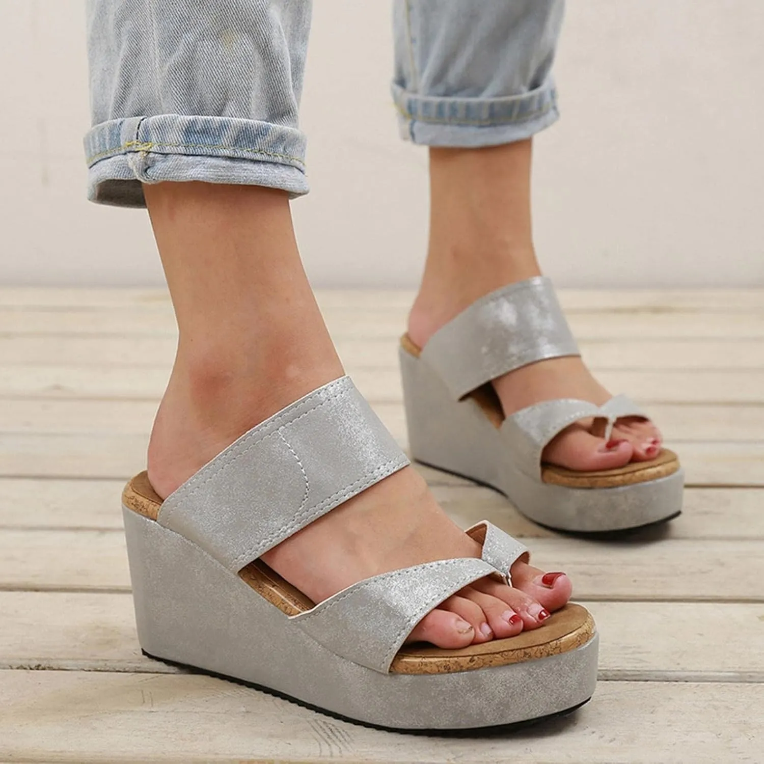 ZBYY Wedges Sandals for Women Flat,Summer Sandals Platform Casual Roman Shoes Middle Heels Rings Toe Comfort Slipper