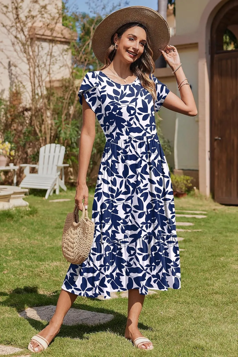 Zeagoo Women Summer Midi A Line Dress Short Sleeve Casual Flowy Tiered Beach Long Sundress with Pockets 2025 Vacation Travel