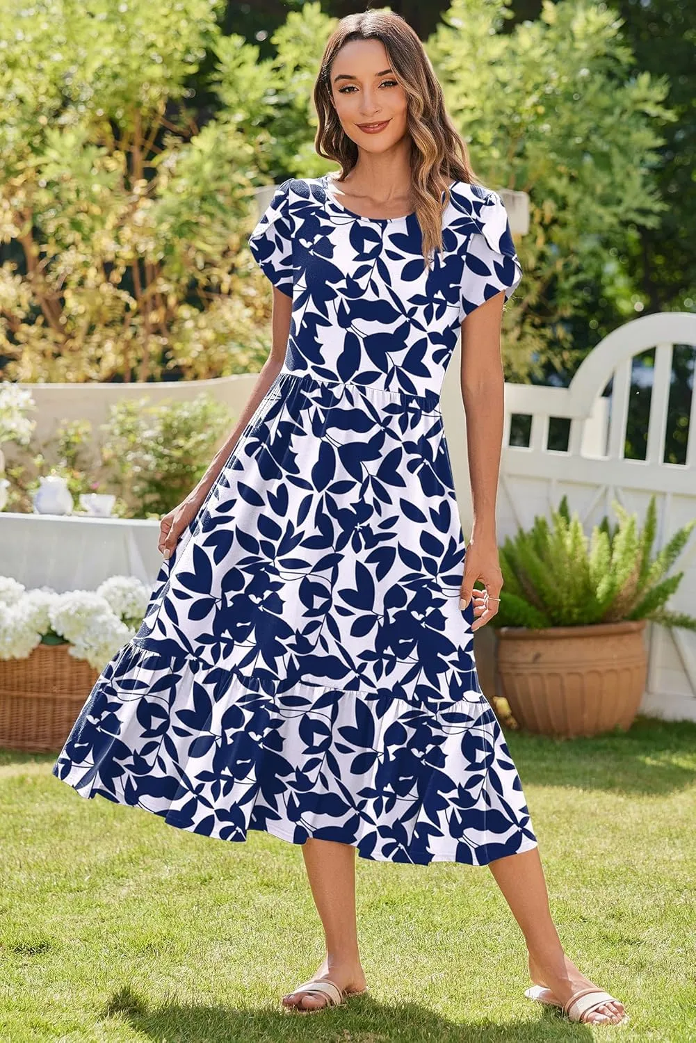 Zeagoo Women Summer Midi A Line Dress Short Sleeve Casual Flowy Tiered Beach Long Sundress with Pockets 2025 Vacation Travel