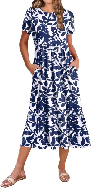 Zeagoo Women Summer Midi A Line Dress Short Sleeve Casual Flowy Tiered Beach Long Sundress with Pockets 2025 Vacation Travel