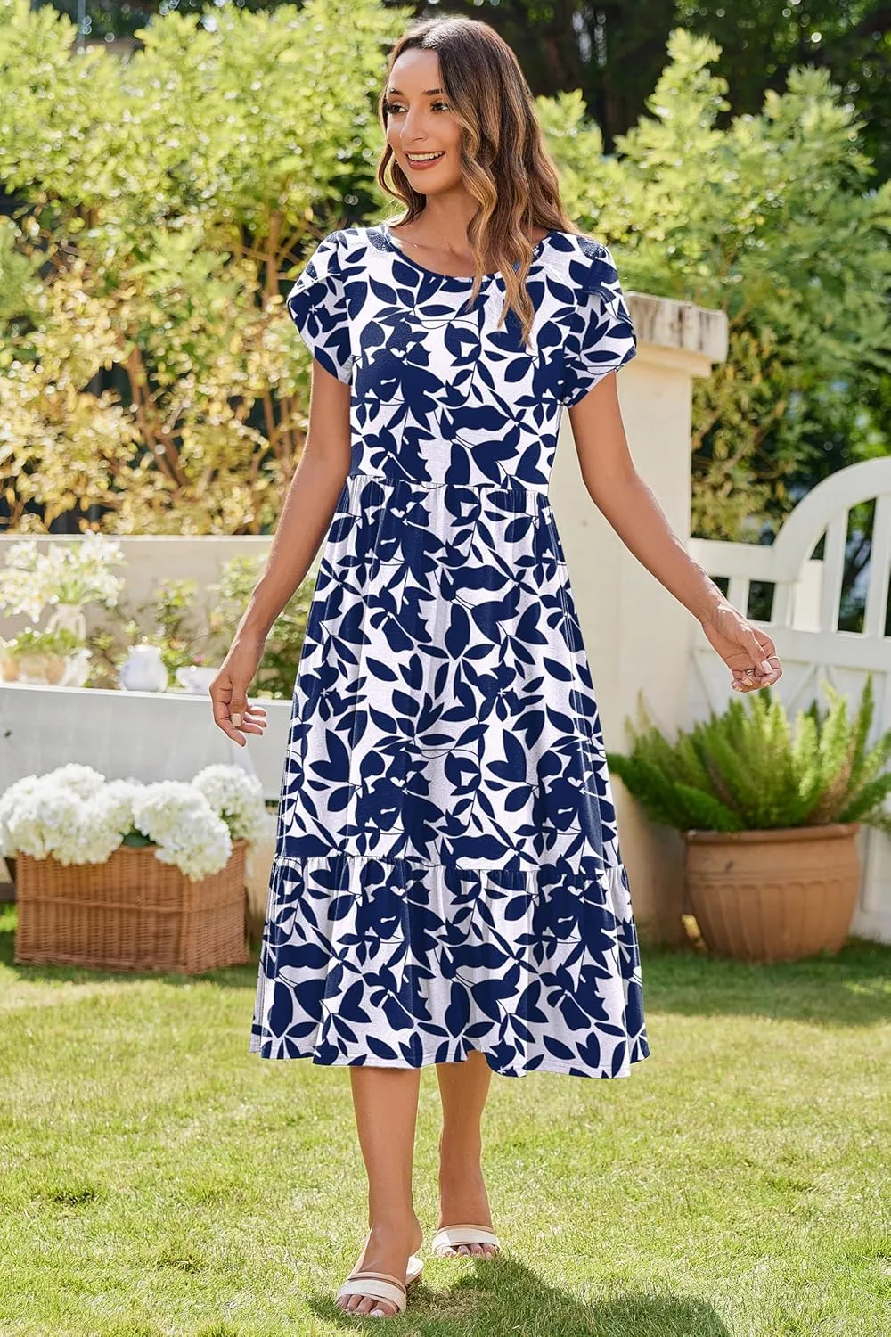 Zeagoo Women Summer Midi A Line Dress Short Sleeve Casual Flowy Tiered Beach Long Sundress with Pockets 2025 Vacation Travel