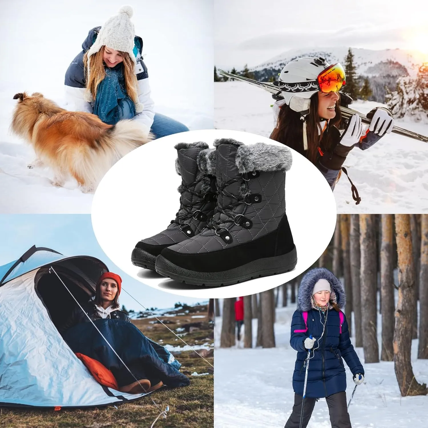 ZEENXIUYA Snow Boots Women Fashion Warm Waterproof Winter Lace-Up Ankle Boots Comfortable Thickened Warm Faux Fleece Lining Outdoor