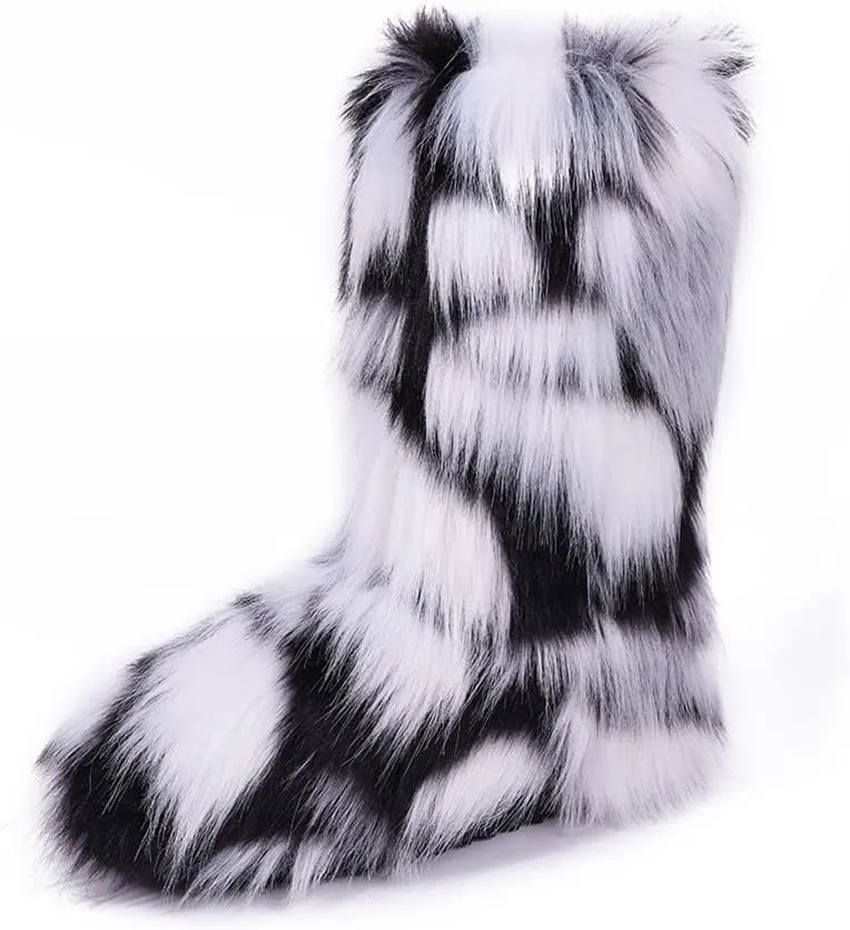 ZSGYCHCY Women's Faux Fur Boots Winter Fuzzy Fluffy Warm Furry Snow Boots Flat Shoes