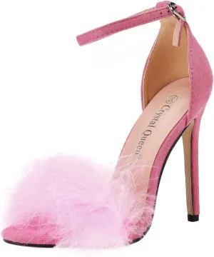 ZSpzx Women's Fuzzy Heeled Sandals Comfort Dressy Ankle Strap Stiletto Sandal for Women 2025 Feather Slip On High Party Prom Dress Open Toe Summer Womens Strappy Block Wedding Shoes For Bride