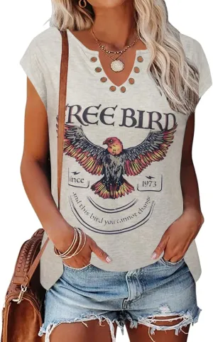 Zyyfly Womens Cap Sleeve Tank Tops V Neck Graphic Summer Shirts Loose Fit