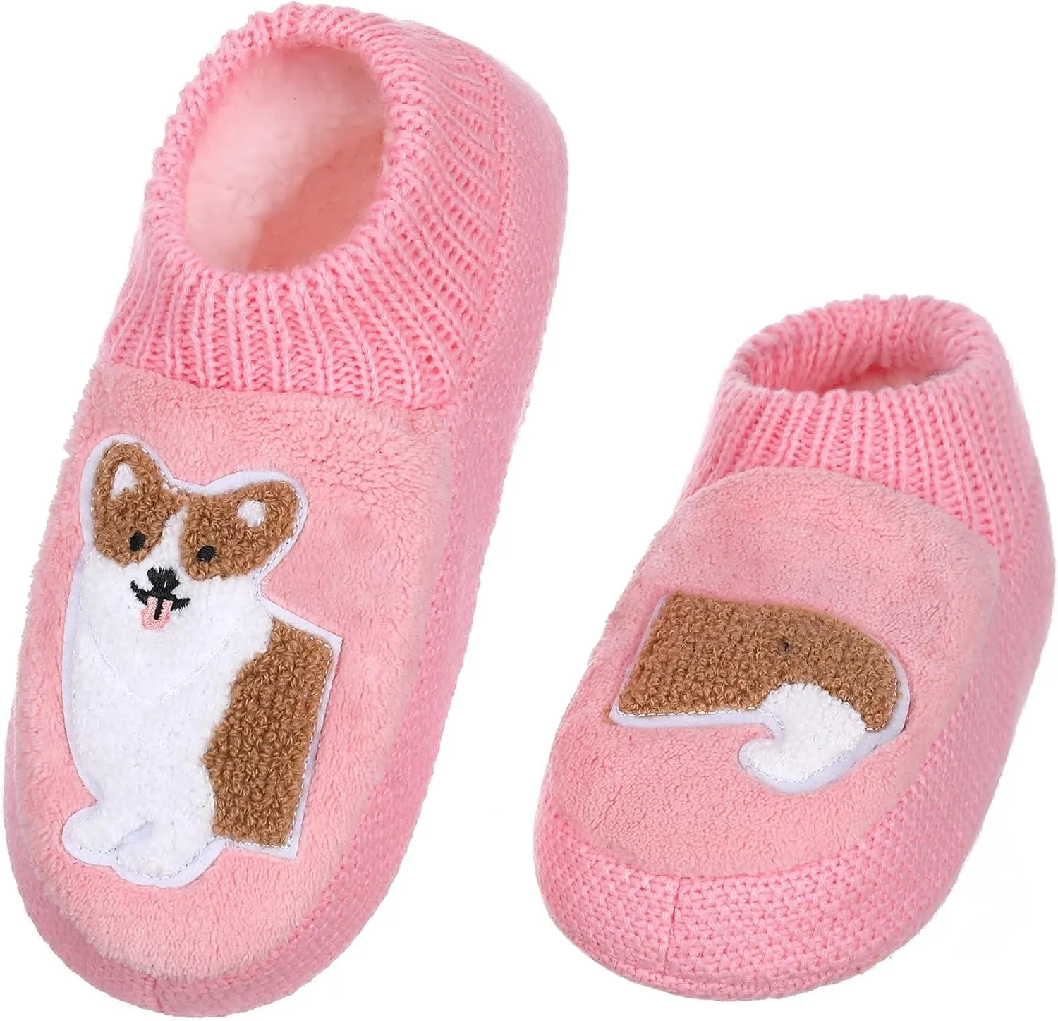 ZYZX Dog Pattern Fuzzy Slipper Socks Winter Cute Warm Cozy Soft Sole Animal Knit Slippers Womens Slipper Socks with Grippers Non Slip House Socks Fun Grip Socks