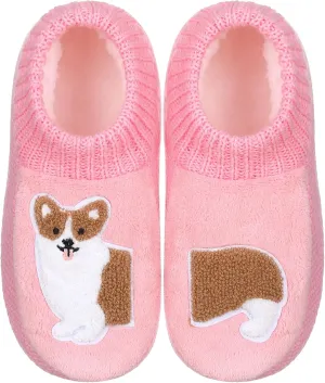 ZYZX Dog Pattern Fuzzy Slipper Socks Winter Cute Warm Cozy Soft Sole Animal Knit Slippers Womens Slipper Socks with Grippers Non Slip House Socks Fun Grip Socks