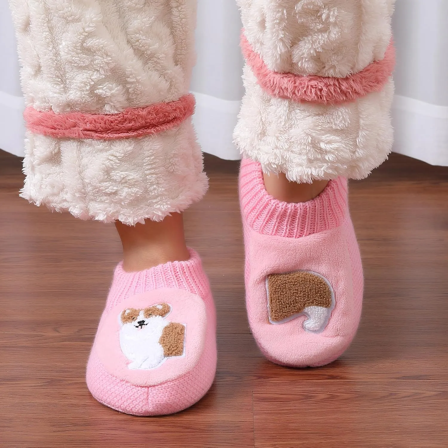ZYZX Dog Pattern Fuzzy Slipper Socks Winter Cute Warm Cozy Soft Sole Animal Knit Slippers Womens Slipper Socks with Grippers Non Slip House Socks Fun Grip Socks