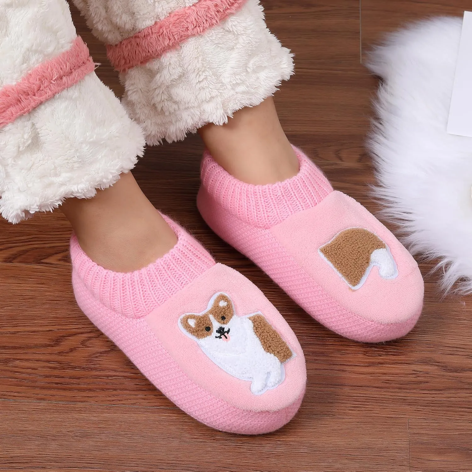 ZYZX Dog Pattern Fuzzy Slipper Socks Winter Cute Warm Cozy Soft Sole Animal Knit Slippers Womens Slipper Socks with Grippers Non Slip House Socks Fun Grip Socks